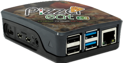Il Mini-PC Stampa: una scatoletta scura con il coperchio Pizza EAT, quattro prese USB, la presa di rete e l'attacco della corrente.