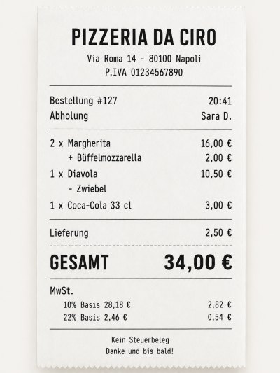 Ein Beleg für den Gast, gedruckt auf 80-mm-Thermopapier: der Kopf der Pizzeria, die Zeilen der Bestellung mit den Preisen, die Summe und die MwSt.-Übersicht nach Satz.