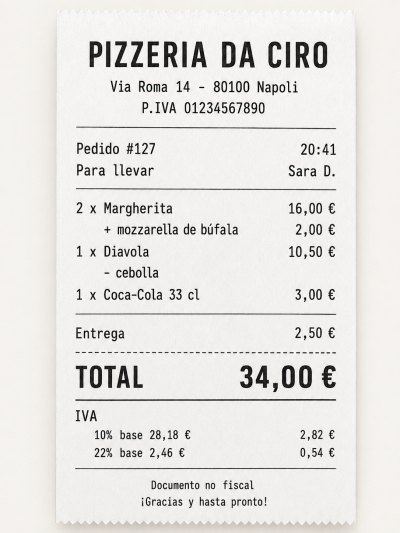 Un tique de cortesía impreso en papel térmico de 80 mm: el encabezado de la pizzería, las líneas del pedido con los precios, el total y el resumen de IVA por tipo.
