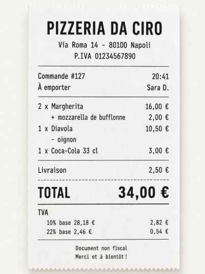 Un ticket de courtoisie imprimé sur papier thermique 80 mm : l'en-tête de la pizzeria, les lignes de la commande avec les prix, le total et le récapitulatif de TVA par taux.