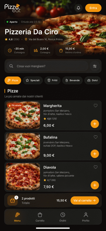 L'app cliente di Pizza EAT: il menu della pizzeria su fondo scuro, con le foto dei prodotti, i filtri per categoria e il carrello in basso.