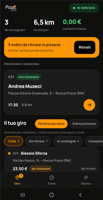 L'app dei rider di Pizza EAT: il giro con le fermate in ordine, e su ogni fermata se c'è da incassare o se l'ordine è già pagato.
